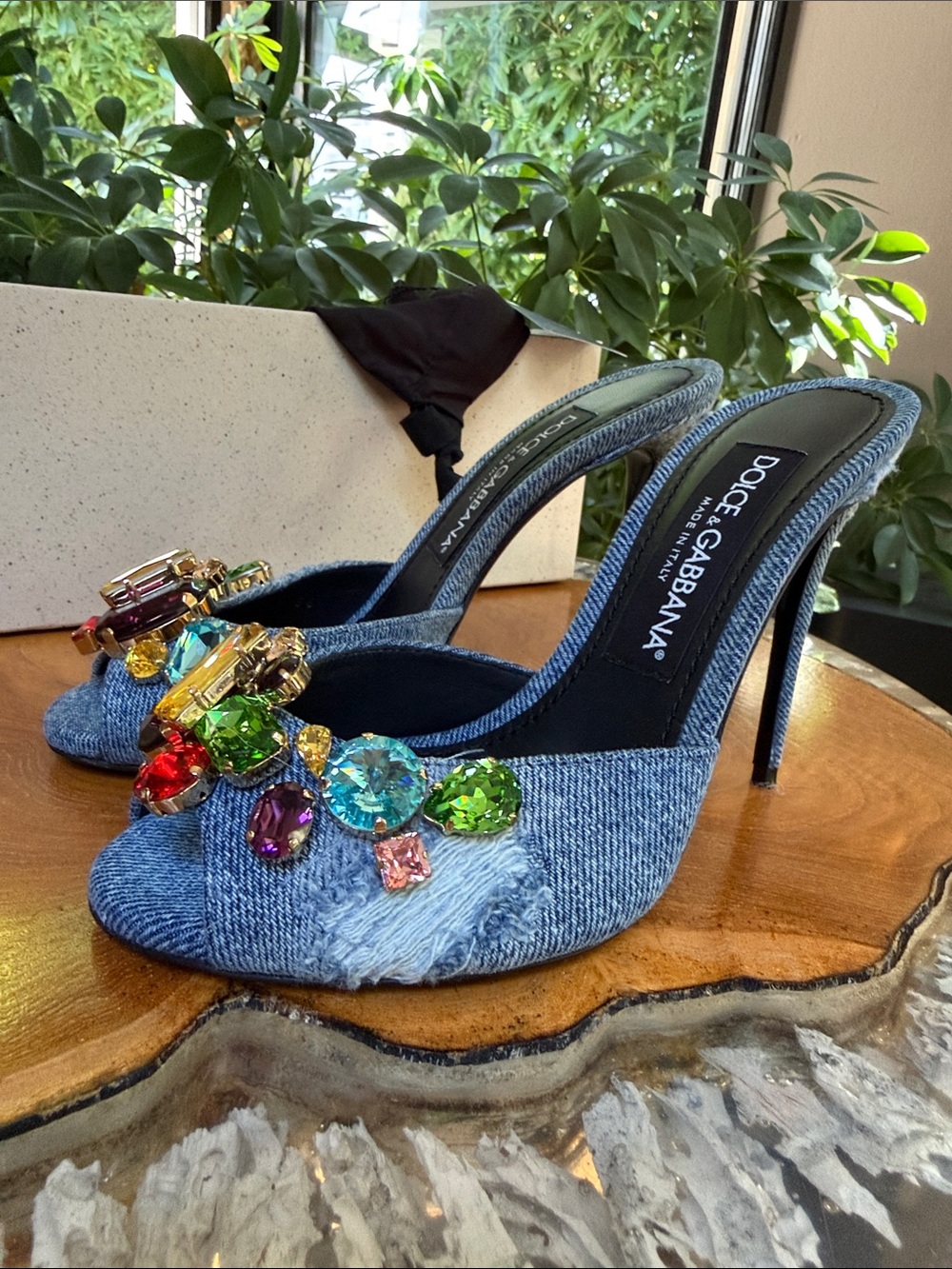 Dolce & Gabbana Denim Mules with Multicolored Gem Embellishments